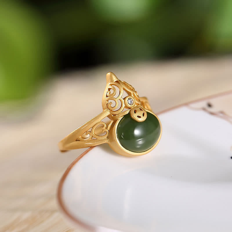 Nimara Ritual Gourd Cyan Jade Copper Coin Success Luck Adjustable Ring