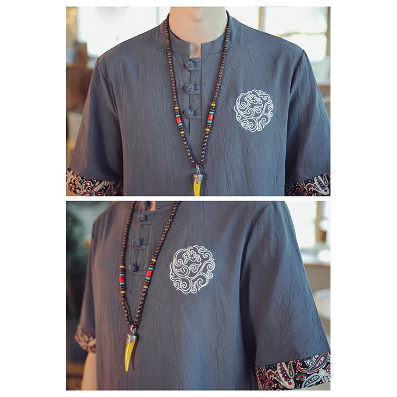 Nimara Ritual Frog-Button Dragon Embroidery Chinese Tang Suit Short Sleeve Shirt Men Clothing