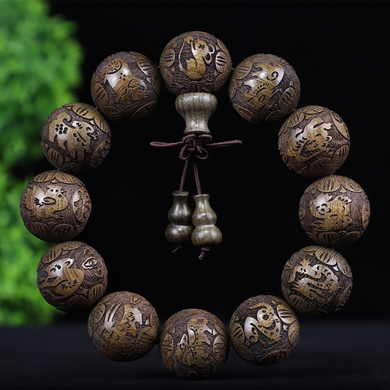 Nimara Ritual Chinese Zodiac Rosewood Ebony Copper Coin PiXiu Carved Warmth Bracelet