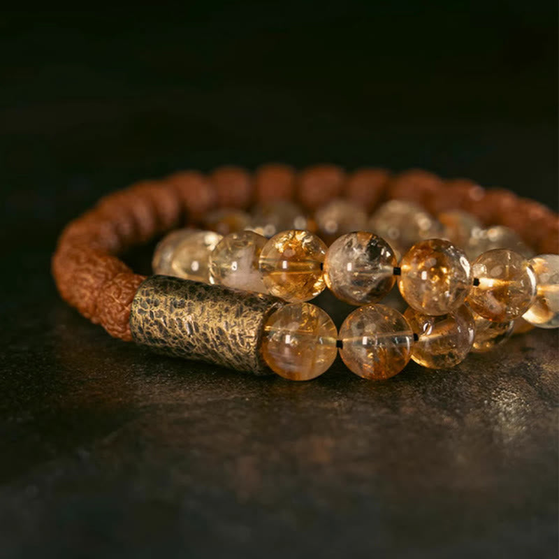 Nimara Ritual Natural Citrine Crystal Rudraksha Bodhi Seed Brass Bead Prosperity Double Wrap Bracelet