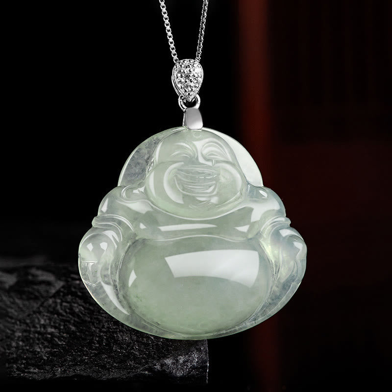 Nimara Ritual Natural Jade Laughing Buddha Prosperity Abundance Titanium Steel Chain Necklace Pendant