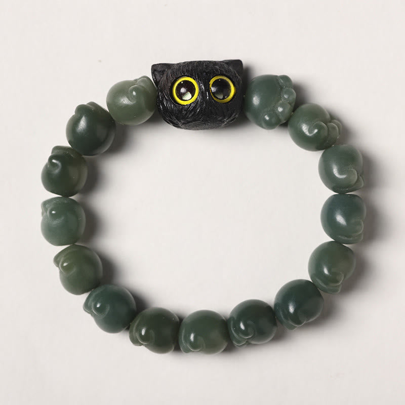Nimara Ritual Natural Bodhi Seed Lovely Paw Ebony Wood Lucky Cat Wisdom Bracelet
