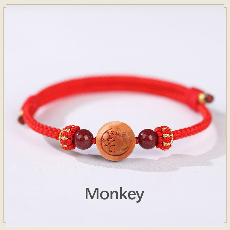 Nimara Ritual Natural Peach Wood Chinese Zodiac Fu Character Carved Cinnabar Wealth Bracelet