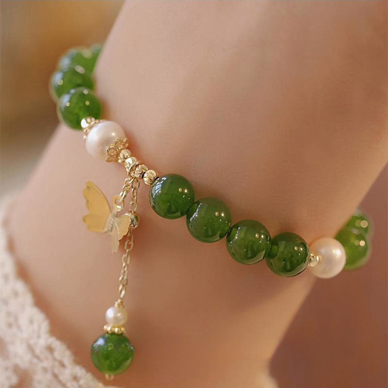 Nimara Ritual Natural Green Chalcedony Pearl Butterfly Courage Strength Bracelet