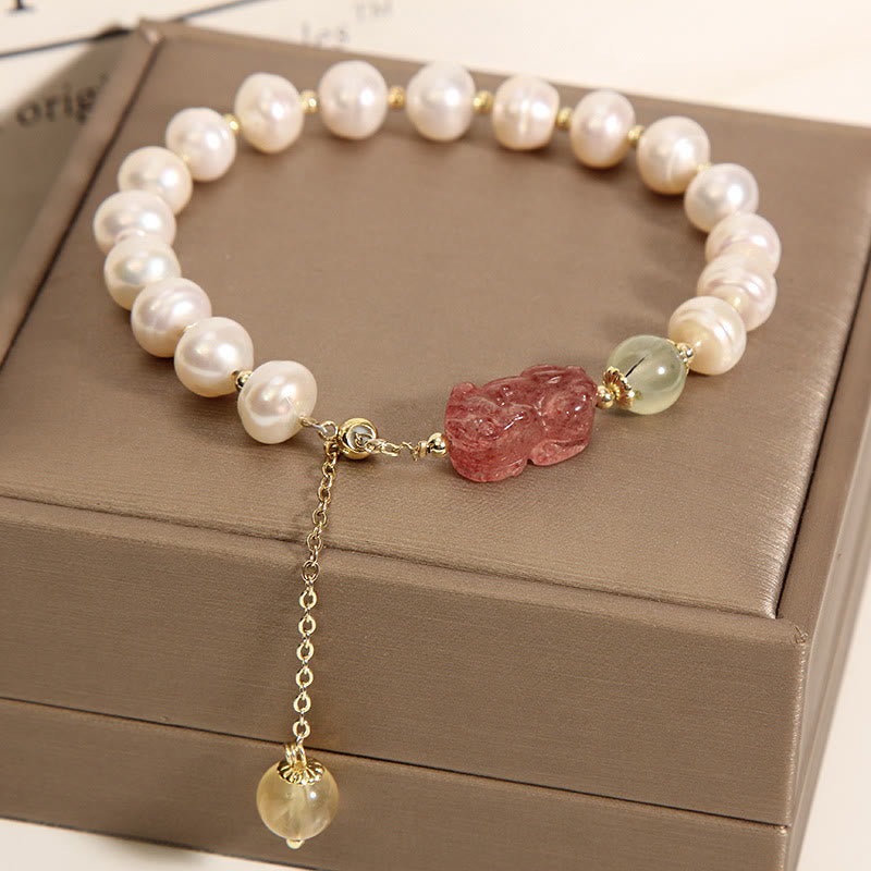 Nimara Ritual Natural Pearl Strawberry Quartz PiXiu Optimism Charm Bracelet