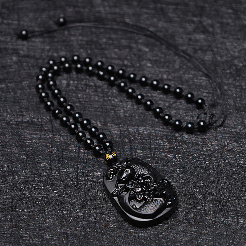 Nimara Ritual Natural Black Obsidian Koi Fish Lotus Strength Beaded Necklace Pendant