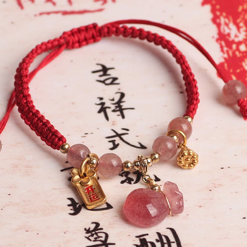 Nimara Ritual Natural Strawberry Quartz Money Bag Lotus Healing Charm Red String Braided Bracelet