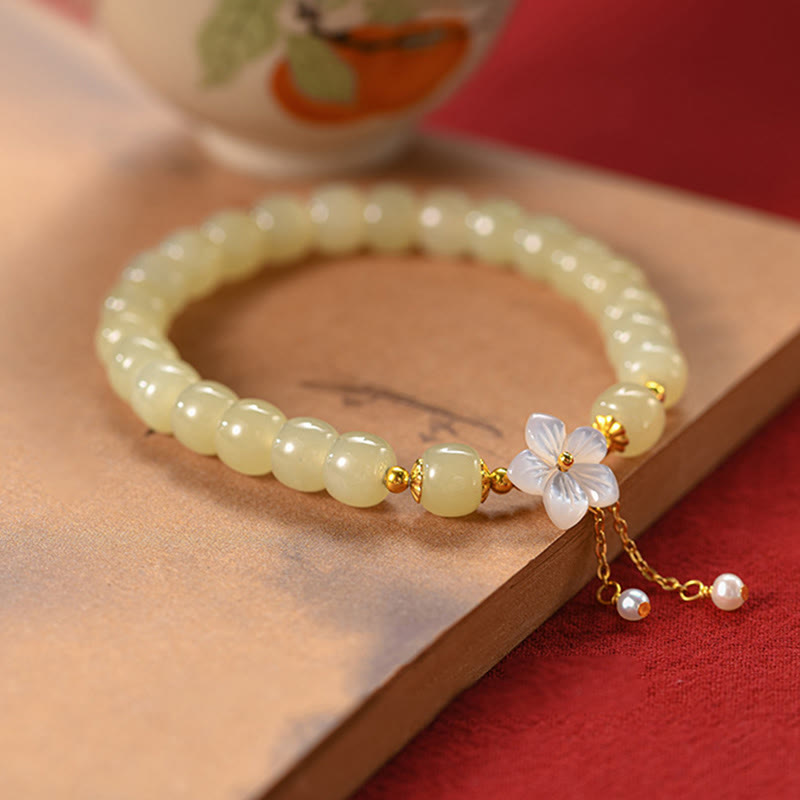 Nimara Ritual 925 Sterling Silver Natural Hetian Jade Luck Flower Bracelet
