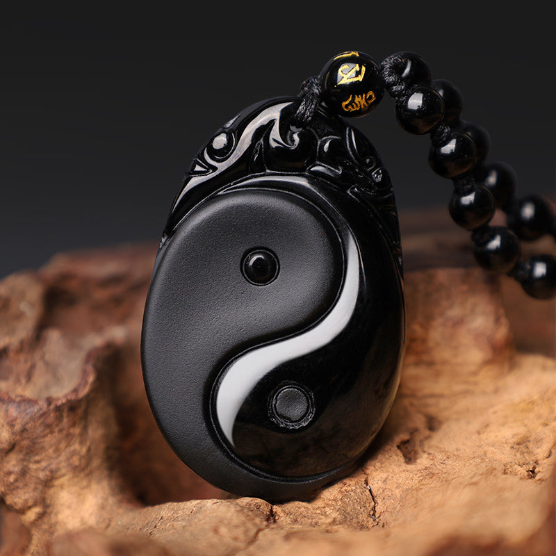Nimara Ritual Natural Black Obsidian Yin Yang Fulfilment Strength Necklace Pendant