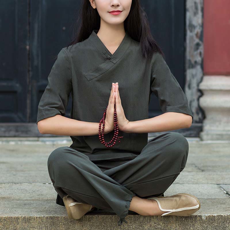 Nimara Ritual 2Pcs Half Sleeve V-Neck Shirt Top Pants Meditation Zen Tai Chi Linen Clothing Women's Set