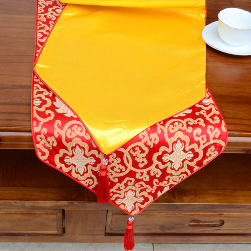 Nimara Ritual Prayer Altar Flower Vajra Dragon Pattern Tibetan Auspicious Symbols Tassels Jacquard Table Runner