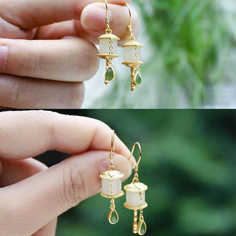 Nimara Ritual 925 Sterling Silver Jade Prayer Wheel Luck Drop Earrings