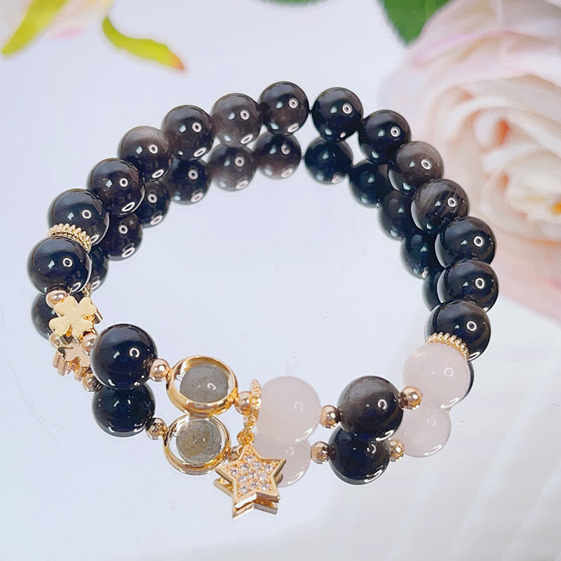 Nimara Ritual Natural Silver Sheen Obsidian Love Heart Star Flower Protection Bracelet