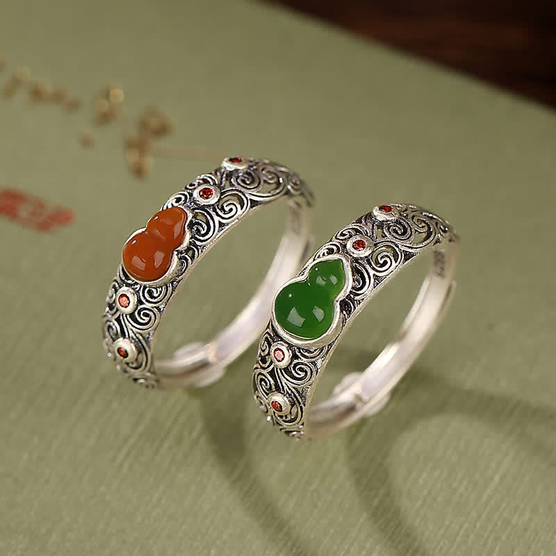 Nimara Ritual 925 Sterling Silver Red Agate Cyan Jade Gourd Blessing Auspicious Ring