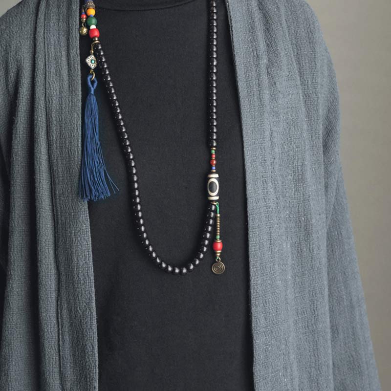 Nimara Ritual 108 Beads Mala Ebony Wood Dzi Bead Copper Balance Tassel Bracelet