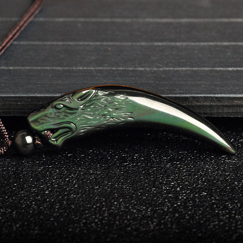 Nimara Ritual Natural Black Obsidian Ice Obsidian Rainbow Obsidian Wolf Tooth Pattern Strength Necklace Pendant