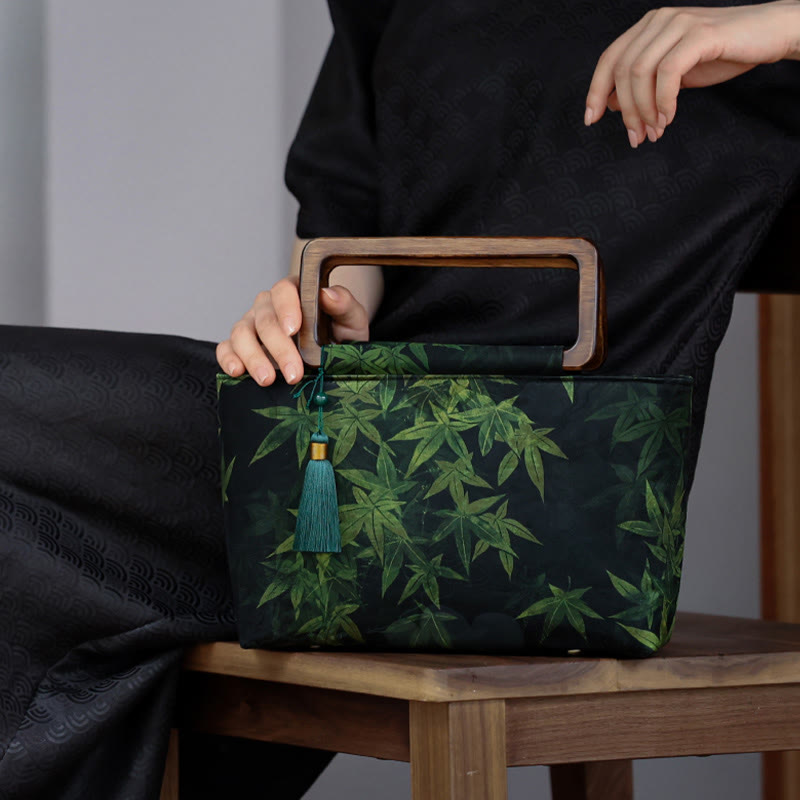 Nimara Ritual Vintage Brown Flowers Green Bamboo Leaves Wood Handles Zipper Handbag