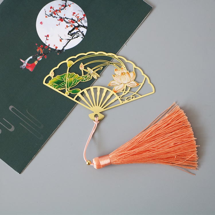Nimara Ritual Traditional Butterfly Lotus Flower Crane Dragon Phoenix Fox Koi Fish New Beginning Metal Brass Hollow Fan Bookmarks