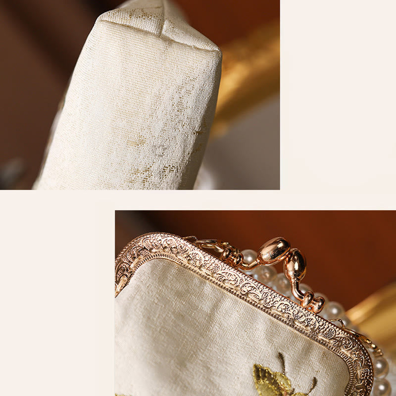 Nimara Ritual Small Flowers Butterfly Embroidered Pearl Metal Chain Shoulder Bag Crossbody Handbag Cellphone Bag