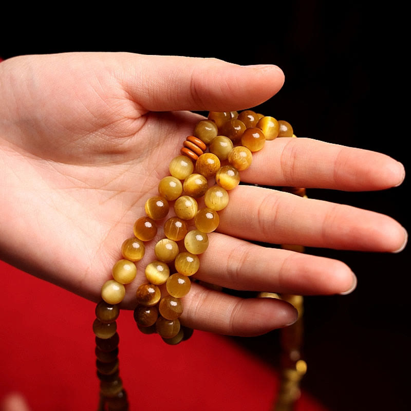 Nimara Ritual 108 Mala Beads Natural Tiger Eye Copper Dorje Protection Tassel Bracelet