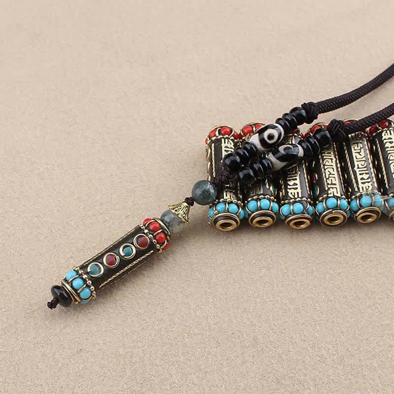 Nimara Ritual Tibetan Om Mani Padme Hum Dzi Bead Wenge Wood Necklace Pendant