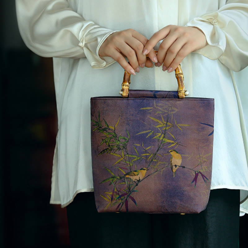 Nimara Ritual Purple Magpie Birds Branches Bamboo Handles Handbag
