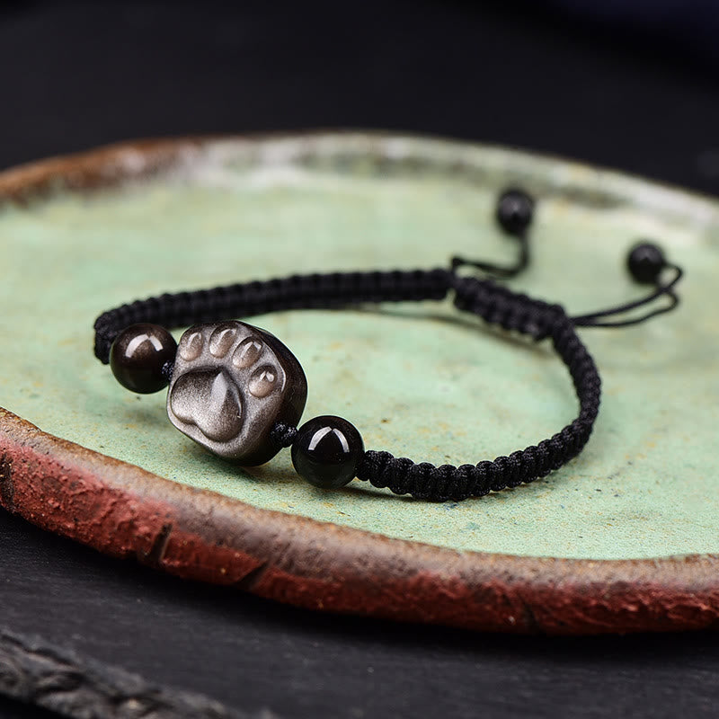 Nimara Ritual Natural Silver Sheen Obsidian Gold Sheen Obsidian Cute Cat Paw Claw Protection Rope Bracelet