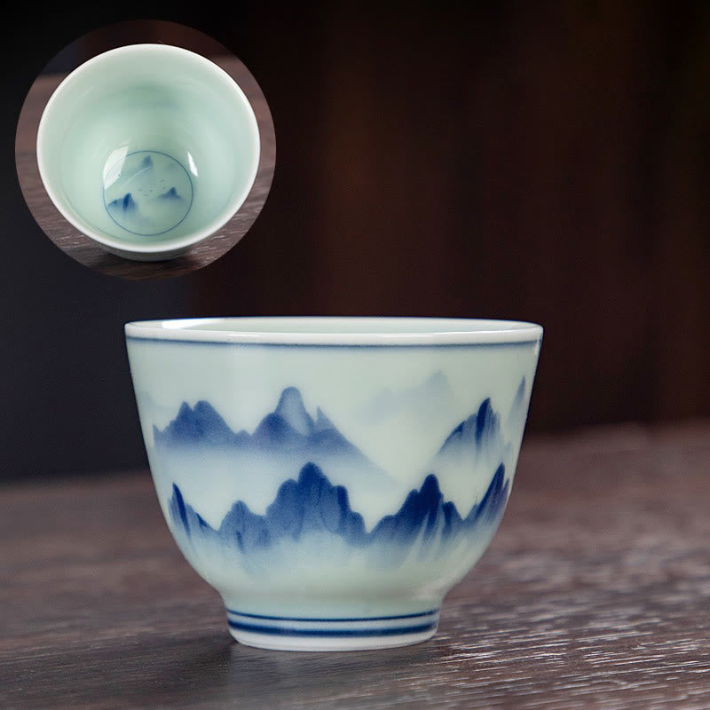 Nimara Ritual Blue Landscape Mountains Lotus Cute Cat Pavilions Magnolia Reed Egrets Ceramic Teacup Small Kung Fu Tea Cup