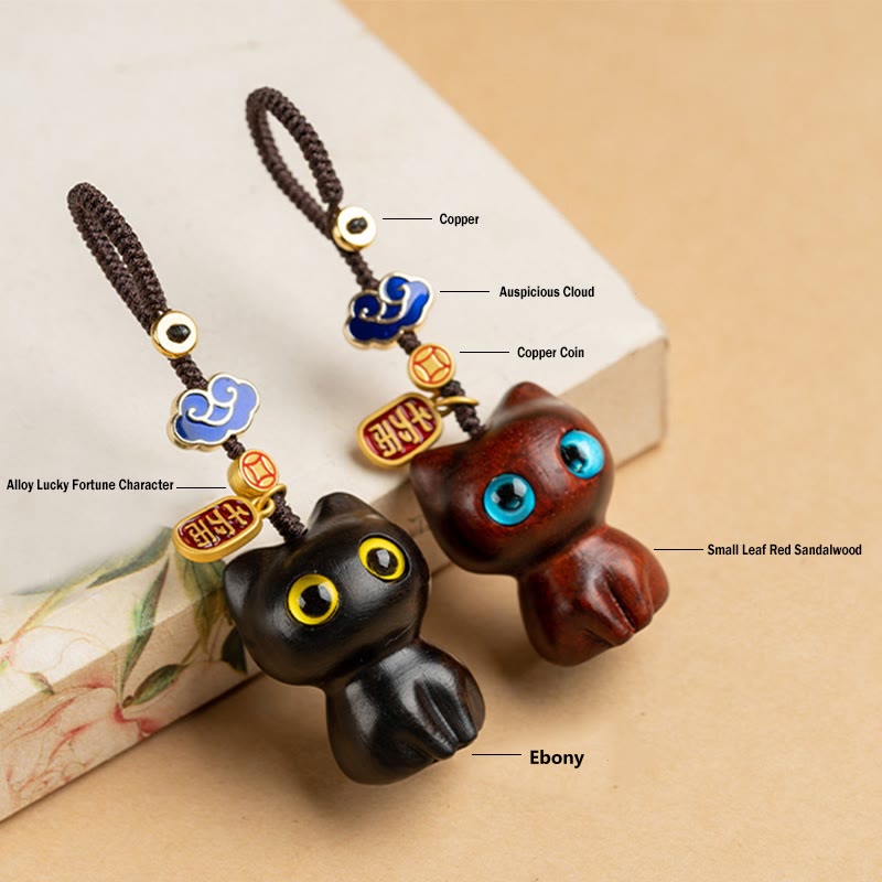 Nimara Ritual Small Leaf Red Sandalwood Ebony Wood Lucky Cat Protection Key Chain Phone Hanging Decoration
