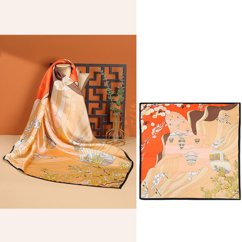 Nimara Ritual Pastoral Scene Hot Air Balloon Spring Blossom 100% Mulberry Silk Neck Hair Scarf