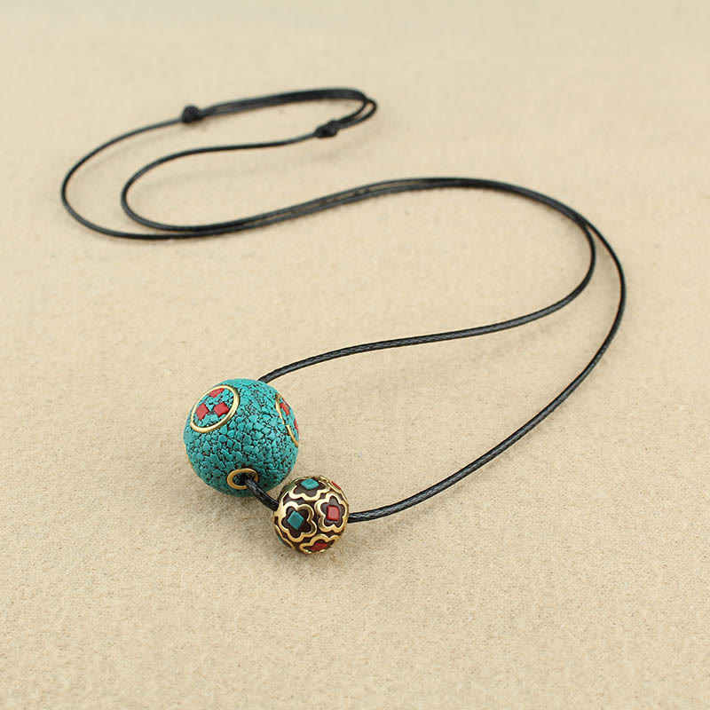 Nimara Ritual Tibetan Turquoise Double Bead Protection Strength Necklace Pendant