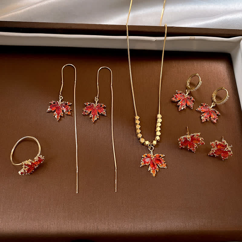 Nimara Ritual Maple Leaf Zircon Luck Necklace Pendant Ring Earrings