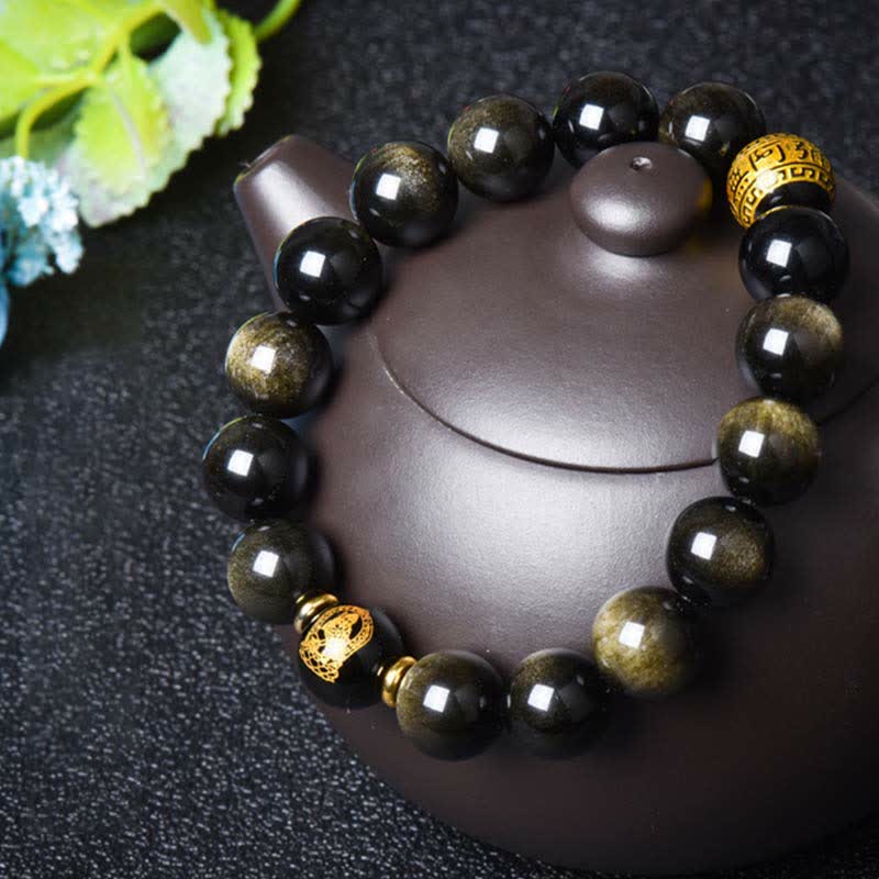 Nimara Ritual Chinese Zodiac Natal Buddha Gold Sheen Obsidian Wealth Protection Bracelet