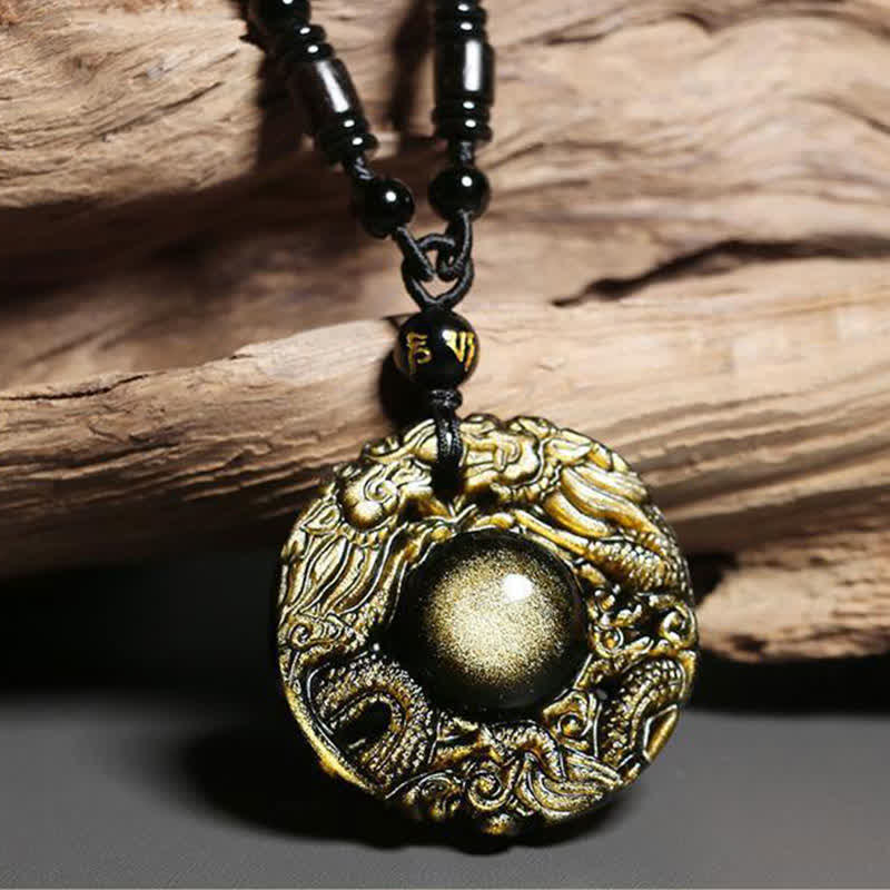 Nimara Ritual Natural Gold Sheen Obsidian Rainbow Obsidian Dragon Strength Necklace Pendant