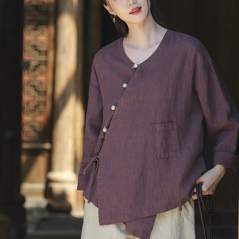 Nimara Ritual Solid Color Ramie Linen Loose Blouse Long Sleeve Shirt Chinese Hanfu Top