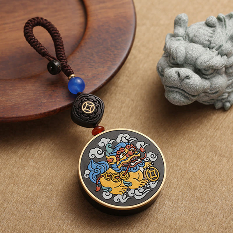 Nimara Ritual PiXiu Copper Coin Ebony Wood Luck Attract Wealth Key Chain Decoration