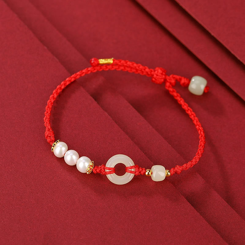 Nimara Ritual 925 Sterling Silver Plated Gold Hetian Jade Peace Buckle Pearl Luck Bracelet