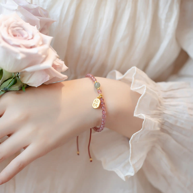 Nimara Ritual Natural Strawberry Quartz Garnet Jade Lucky Fortune Fu Character Healing Charm Bracelet