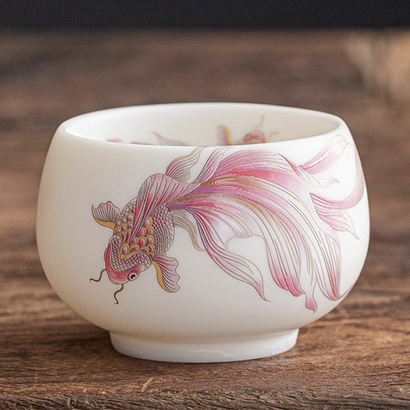 Nimara Ritual Koi Fish White Porcelain Ceramic Teacup Kung Fu Tea Cup