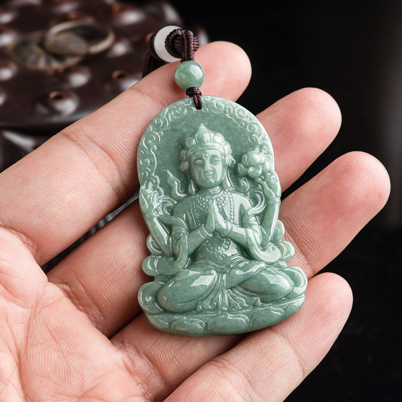 Nimara Ritual Four-armed Avalokitesvara Natural Jade Amulet Blessing String Necklace