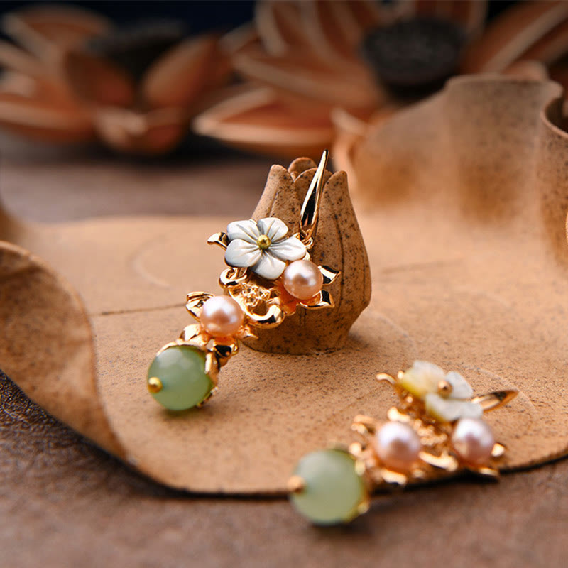 Nimara Ritual 14K Gold Plated Tridacna Stone Flower Pearl Green Aventurine Bead Drop Earrings