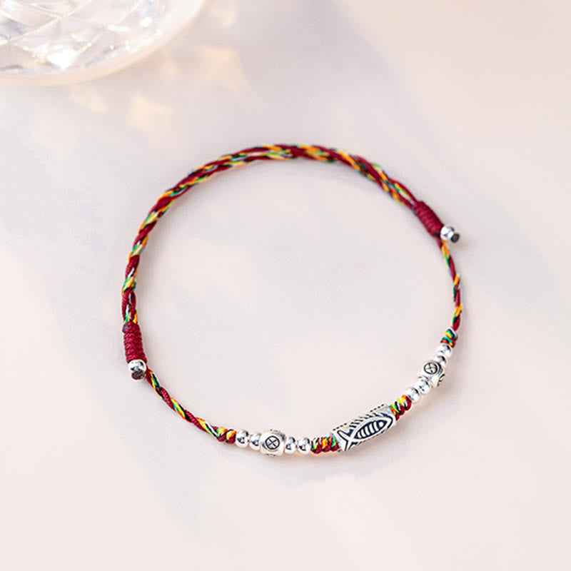 Nimara Ritual 925 Sterling Silver Luck Koi Fish Braided Colorful String Bracelet Anklet