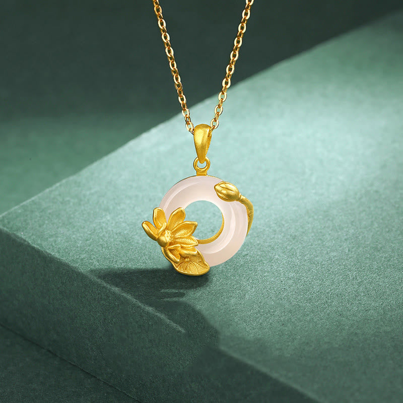 Nimara Ritual Natural White Chalcedony Peace Buckle Lotus Pendant S925 Sterling Silver Necklace