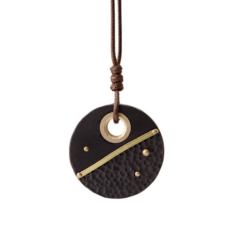 Nimara Ritual Handcrafted Round Ebony Wood Brass Copper Peace Necklace Pendant