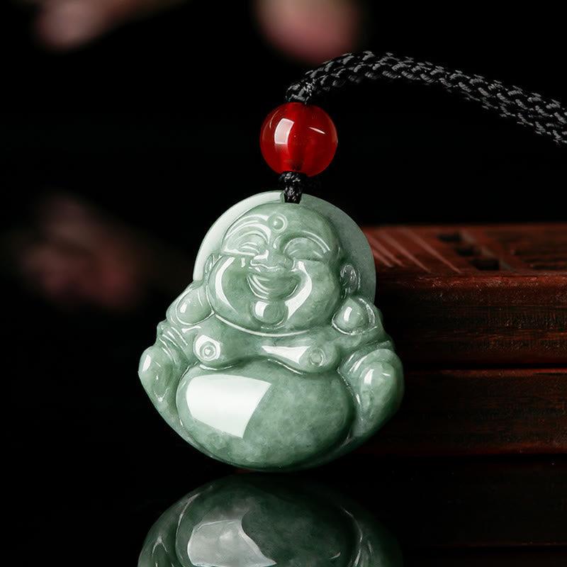Nimara Ritual Natural Green Jade Laughing Buddha Luck Abundance Necklace Pendant