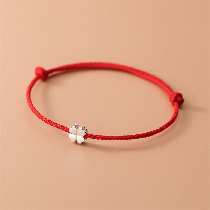 Nimara Ritual 925 Sterling Silver Four Leaf Clover Red Rope Bracelet
