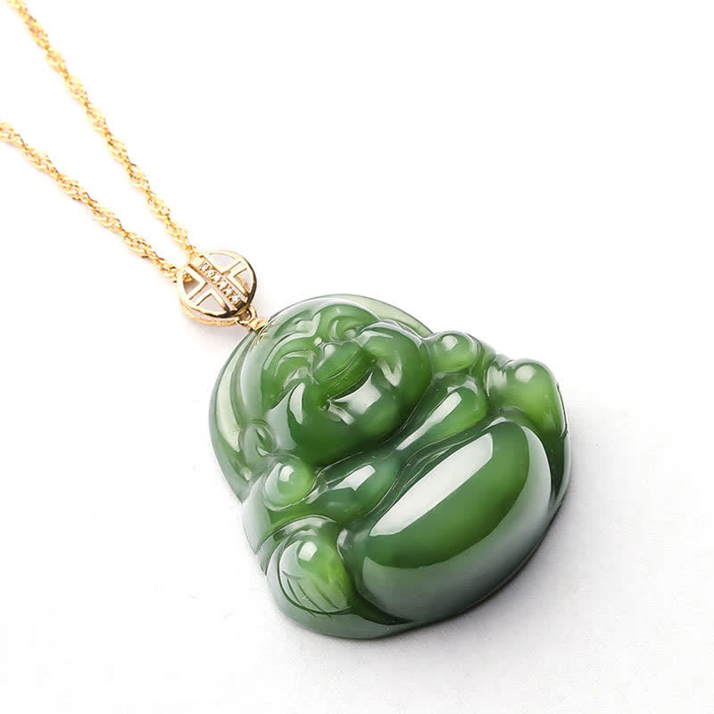 Nimara Ritual 925 Sterling Silver Laughing Buddha Hetian Cyan Jade 18K Gold Success Necklace Chain Pendant