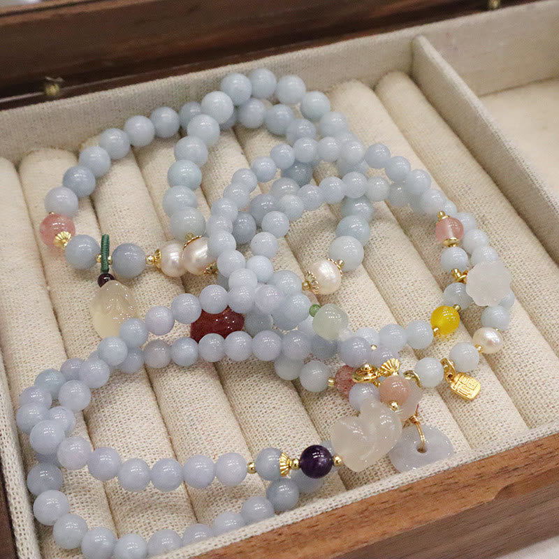 Nimara Ritual Natural Aquamarine Chalcedony Serenity Rabbit Gourd Cat Charm Bracelet