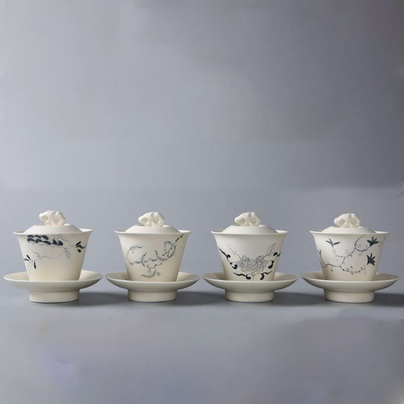 Nimara Ritual Hand Painted Pomegranate Hibiscus Pine Lotus Ceramic Gaiwan Sancai Teacup Kung Fu Tea Cup And Saucer With Lid