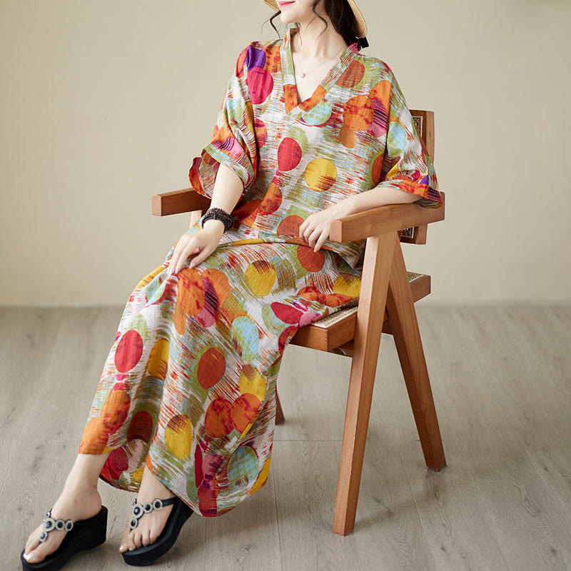 Nimara Ritual Orange Blue Colorful Polka Dots Midi Dress Cotton Half Sleeve Dress With Pockets